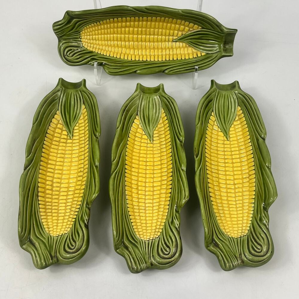 4 Vintage Ear Of Corn On The Cob Serving Dishes Plates Holders Majolica Style